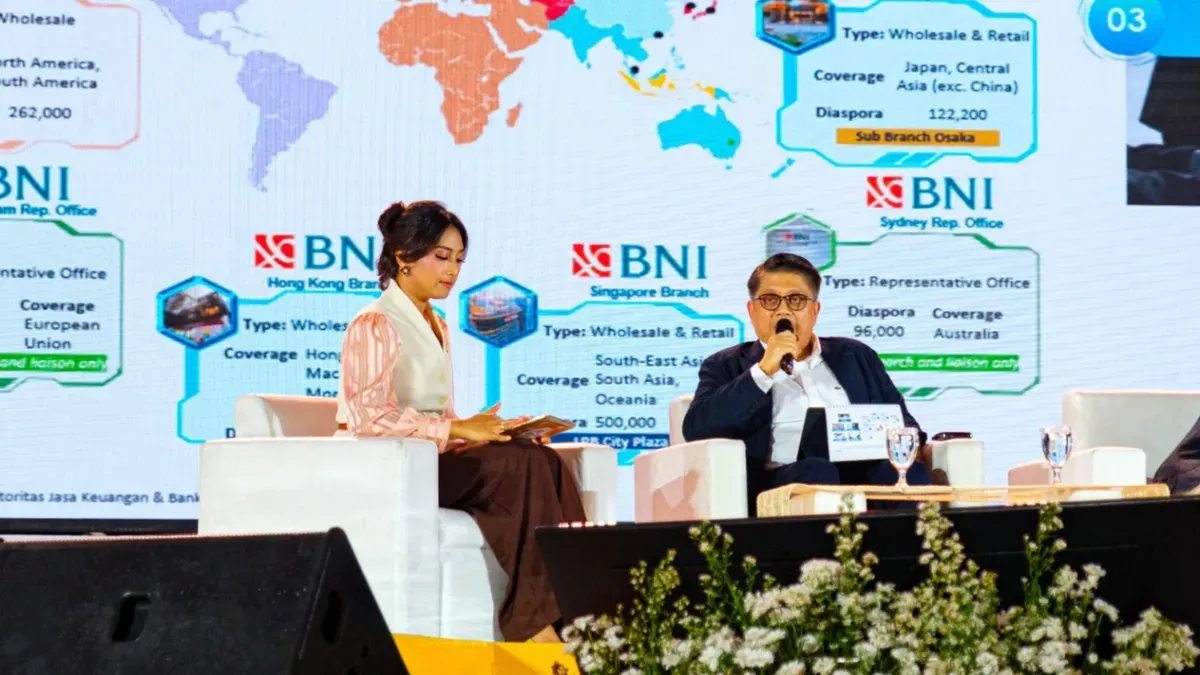 Direktur Treasury dan International Banking BNI Abu Santosa Sudradjat dalam sesi diskusi Business Talk “The Bankers” pada rangkaian Jogja Financial Festival 2026. (Sumber: Istimewa)