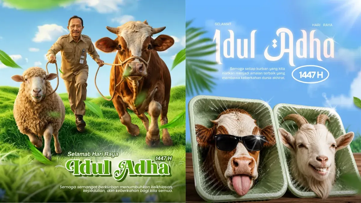 Ilustrasi desain poster Idul Adha 2026 bernuansa Islami yang ramai dibagikan di media sosial menjelang Hari Raya Kurban 1447 Hijriah. (Sumber: Pinterest)
