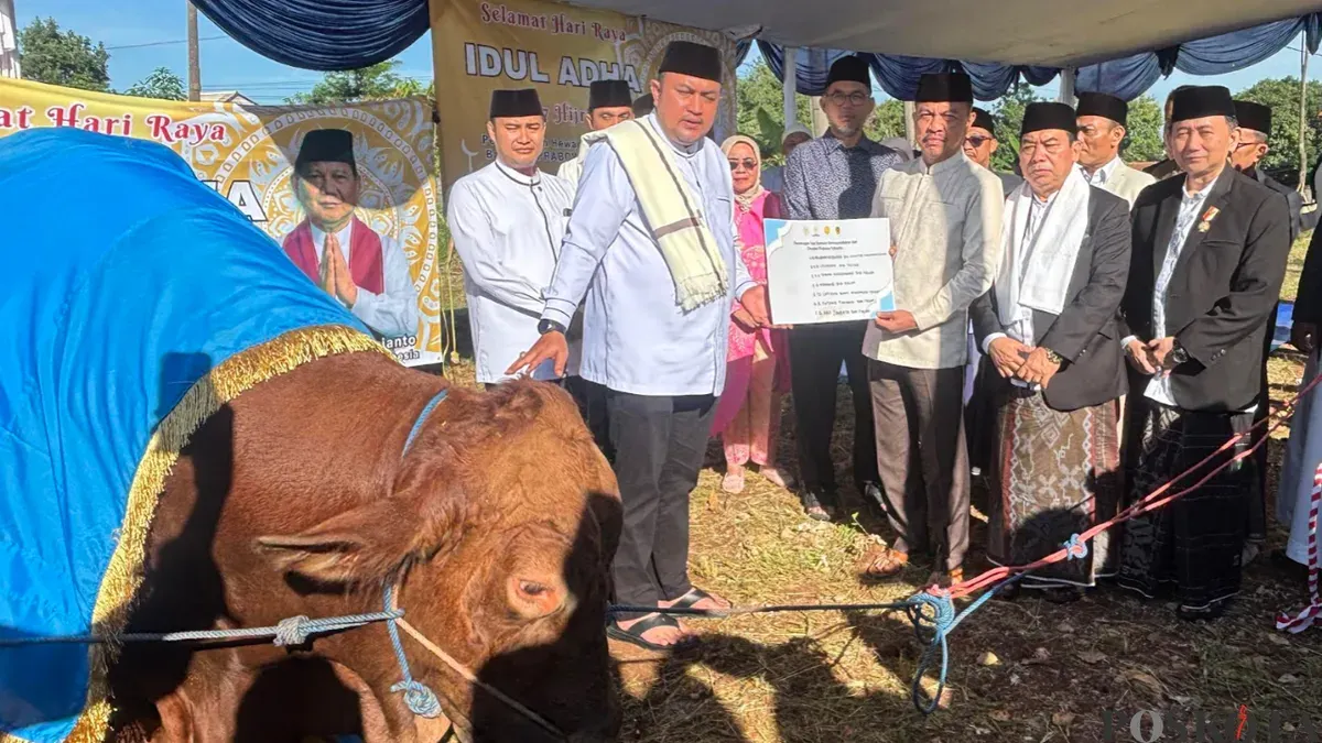 Penyerahan sapi bantuan Presiden oleh Bupati Bogor Rudy Susmanto kepada ketua DKM Masjid Nurul Wathon, Rabu 27 Mei 2026. (Sumber: Poskota/Giffar Rivana)