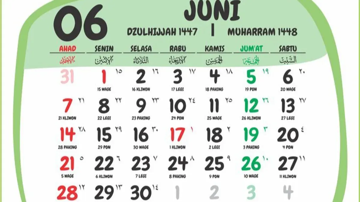 Kalender Juni 2026. (Sumber: Pinterest/Tukang Setting Bangkalan)