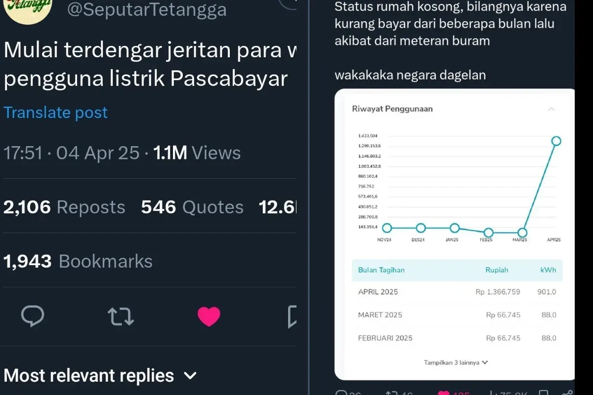 Keluhan tarif listrik mendadak melambung tinggi pasca discon (Sumber: X/@SeputarTetangga)