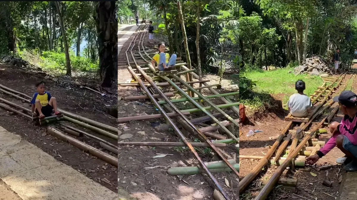 Sejumlah anak di Malangbong, Kabupaten Garut, berseluncur di atas rel yang disebut roller coaster tradisional. (Sumber: Instagram/@salfaniadit)