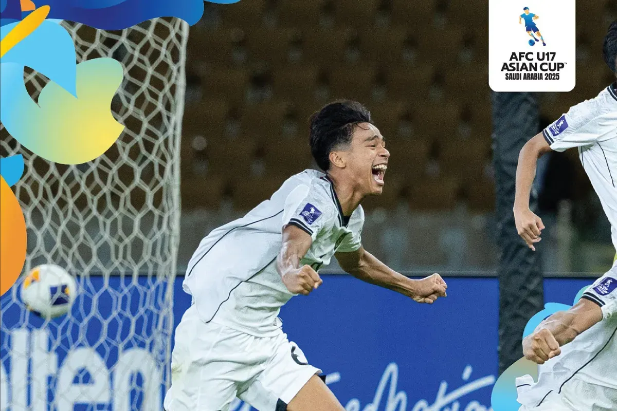 Ekspresi Evandra Florasta seusai mencetak gol ke gawang Korea Selatan di laga pertama Grup C Piala Asia U-17 2025, Timnas Indonesia U-17 berpeluang lolos ke Piala Dunia U-17 2025. (Sumber: Instagram @afcasiancup)