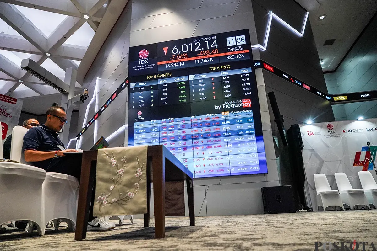 Layar digital menampilkan pergerakan Indeks Harga Saham Gabungan (IHSG) di Bursa Efek Indonesia (BEI), Jakarta, Selasa, 8 April 2025. (Sumber: Poskota/Bilal Nugraha Ginanjar)