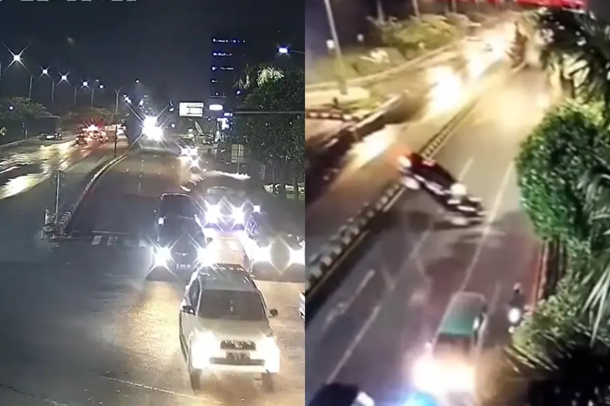Detik-detik mobil BMW terjun bebas di jalan Tol Krian-Gresik. (Sumber: Kolase Tangkap Layar Instagram, Tiktok/@jelajah_gresik)