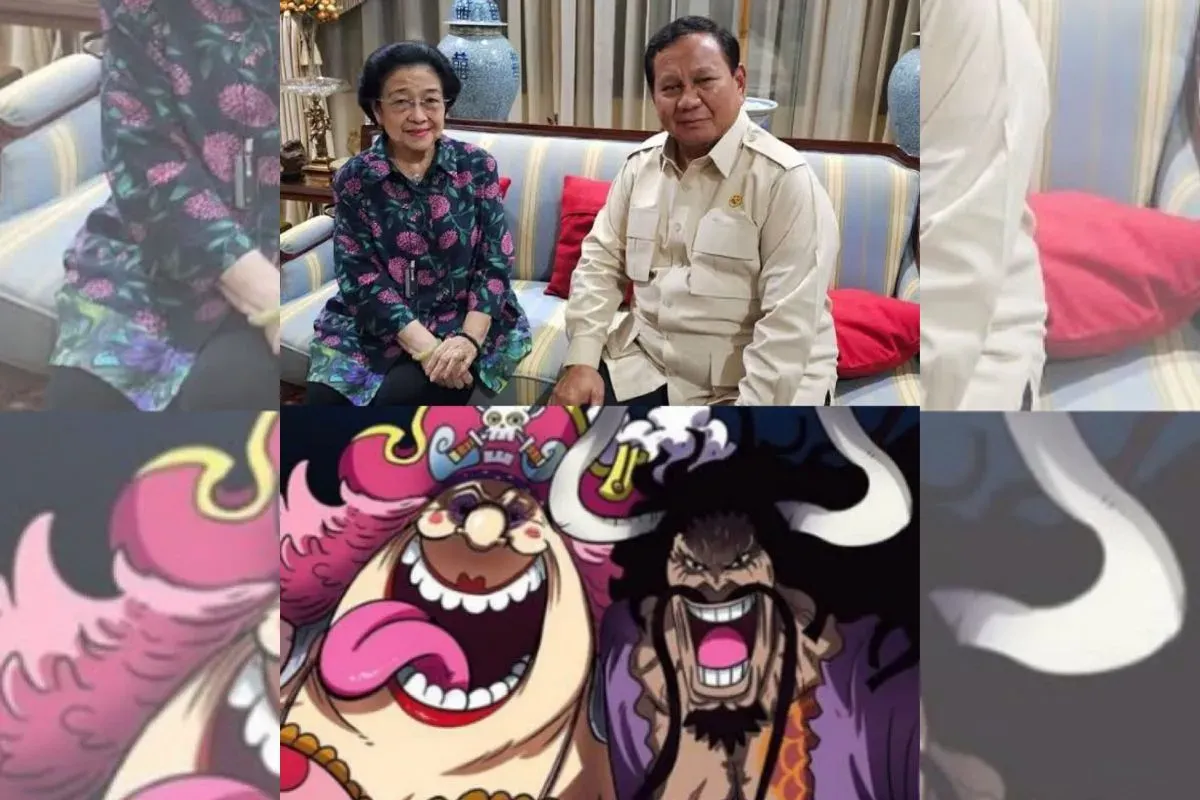 Netizen membandingkan pertemuan antara Prabowo - Megawati dengan Yonko Big Mom dan Kaido. (Sumber: X/@kemgelapan)