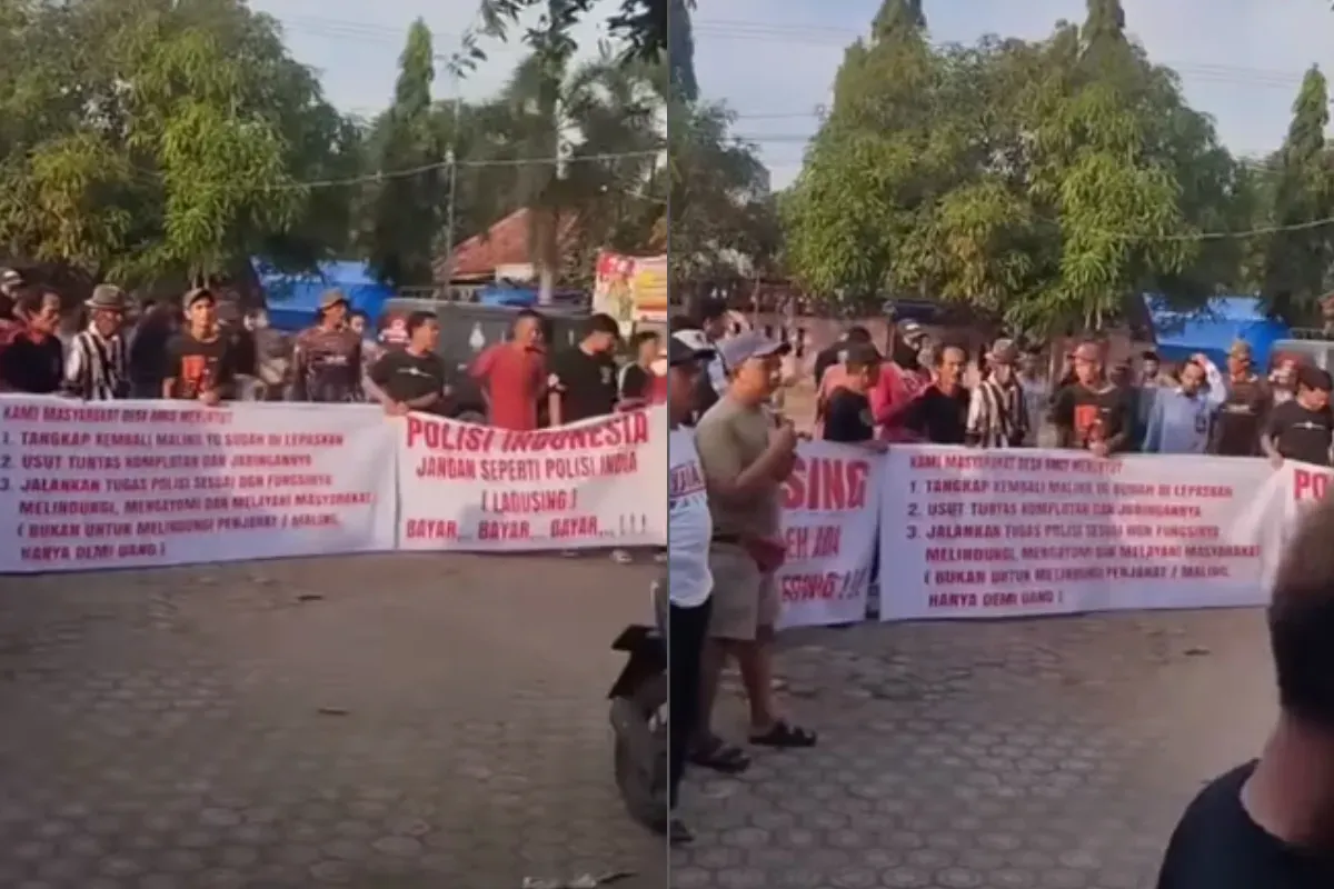 Warga Desa Amis, Indramayu, Jawa Barat geruduk kantor Polsek Cikedung seusai terduga maling dilepaskan. (Sumber: Tangkap Layar Instagram/@funnelmedia)