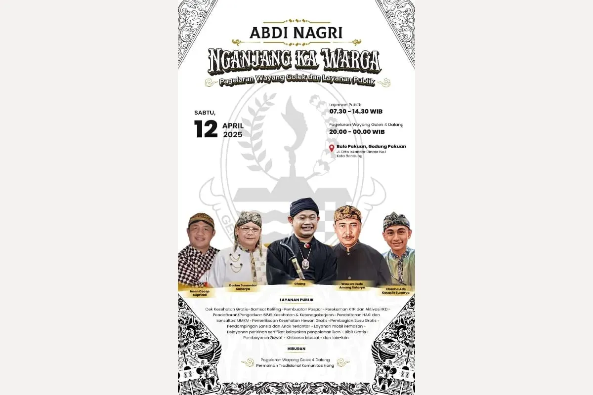 Poster kegiatan Abdi Nagri Nganjang ka Warga yang akan digelar di Bale Pakuan, Kota Bandung, pada Sabtu, 12 April 2025. Kegiatan ini menghadirkan layanan publik serta hiburan wayang golek empat dalang. (Sumber: Diskominfo Jabar)