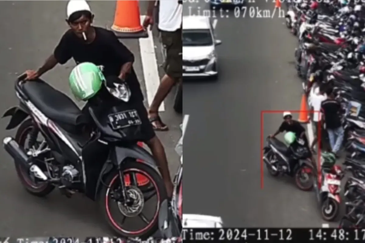Juru parkir kena tilang ETLE saat memindahkan motor terdekteksi tidak mengenakan helm. (Sumber: Instagram/@medsos_rame)