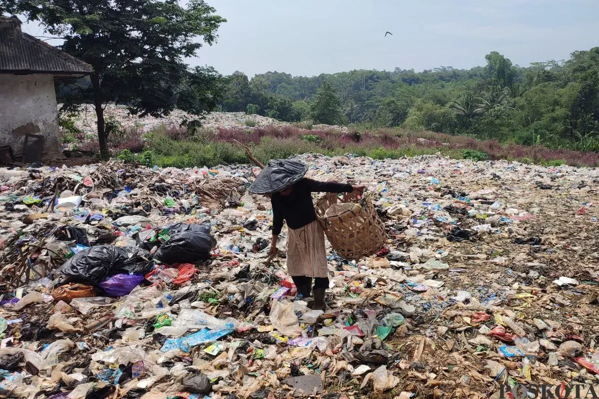 Seorang sedang memungut sampah di TPA Bojongcanar, Desa Karyautama, Kecamatan Cikedal, Kabupaten Pandeglang. (Sumber: Poskota/Samsul Fatoni)
