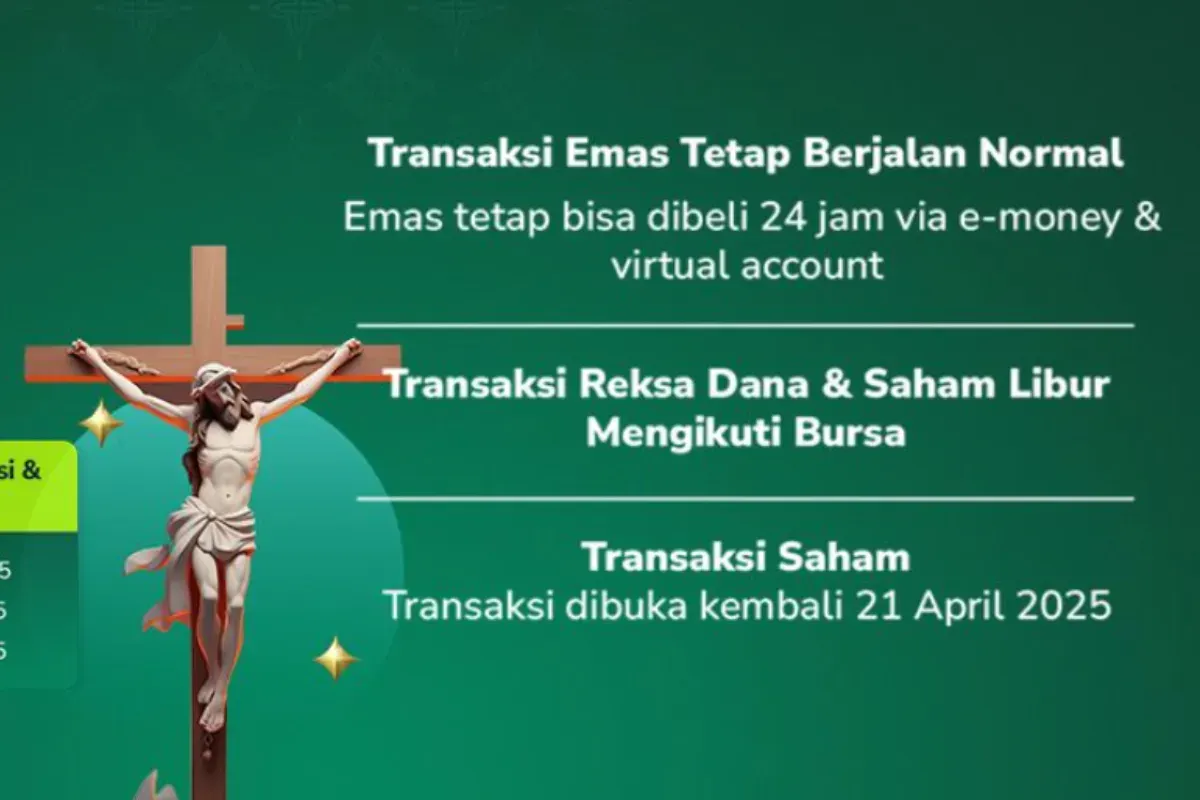 Ilustrasi jadwal transaksi instrumen investasi saham, emas dan reksadana setelah libur hari Paskah 2025. (Sumber: Bareksa)