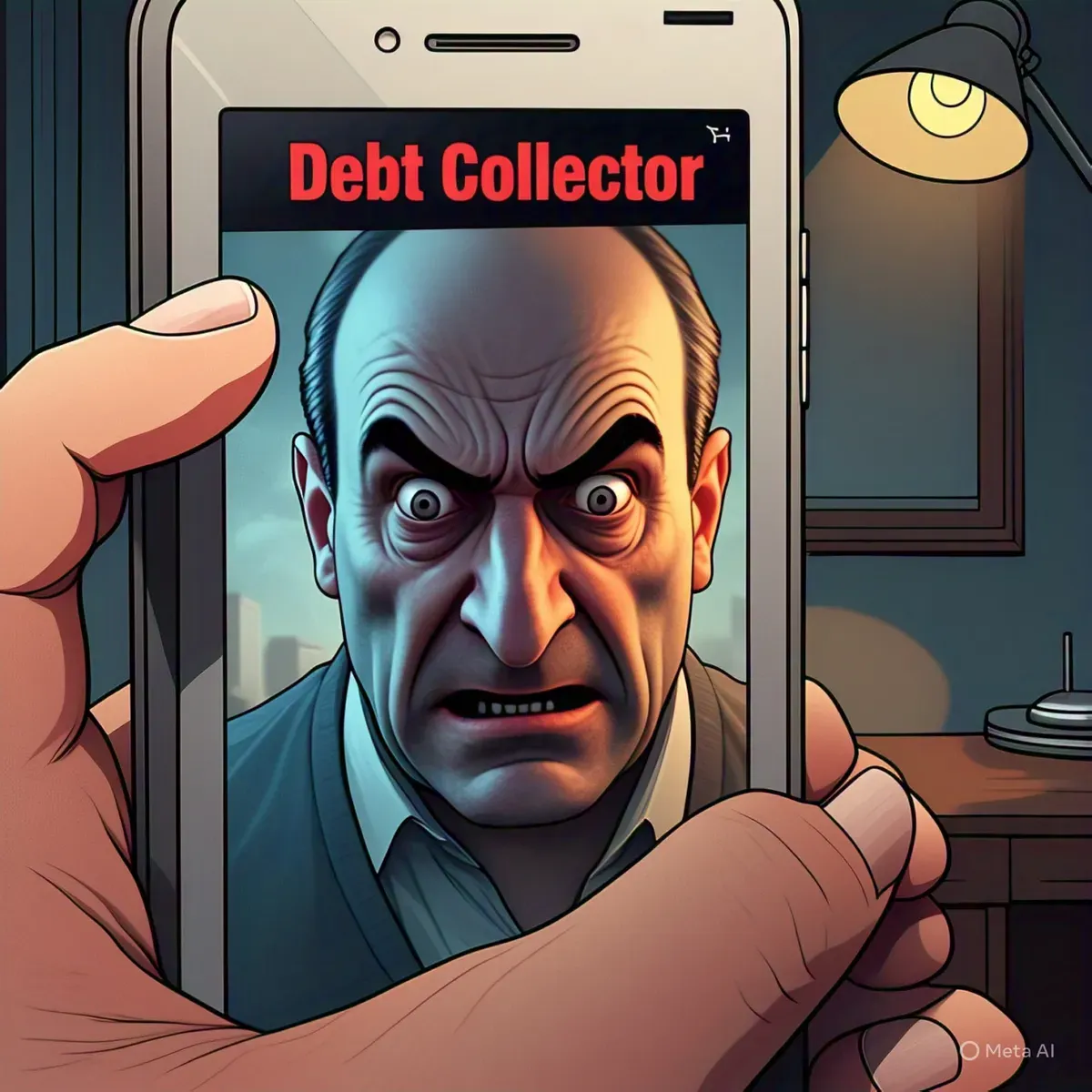 Ilustrasi teror dari debt collector yang terus menerus menghubungi keluarga yang menunggak pinjol. (Sumber: Meta AI)