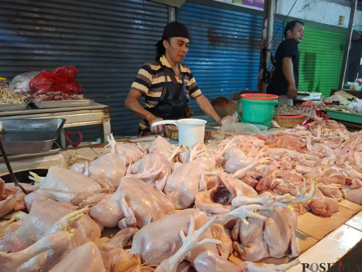 Sopian, pedagang ayam potong di Pasar Reni Jaya Lama, mengaku anjloknya harga jual daging ayam potong membuat omsetnya turun, Minggu 27 April 2025. (Sumber: Poskota/Angga Pahlevi)