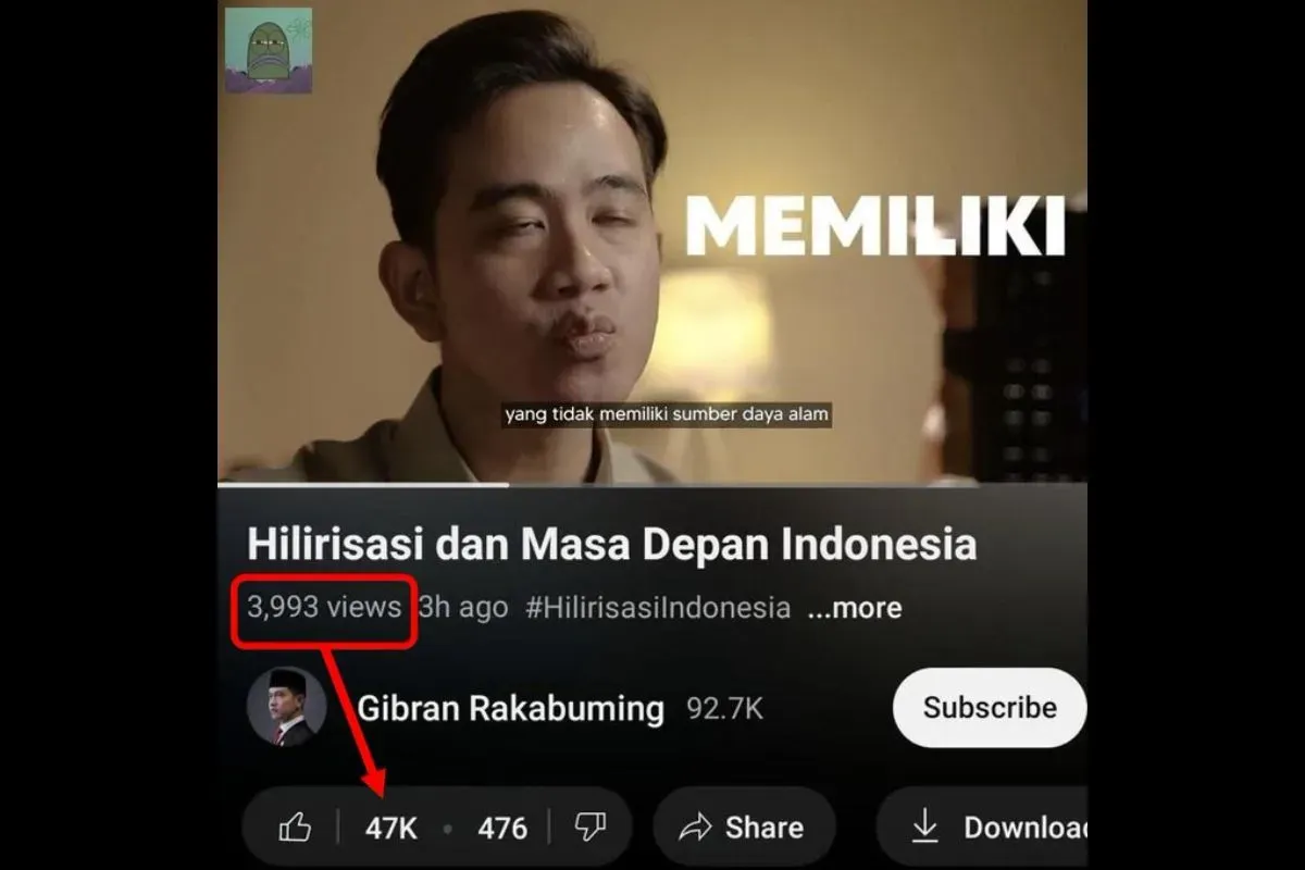 Tangkapan layar diduga jumlah like dan penonton tidak imbang dari unggahan video YouTube milik Wapres Gibran. (Sumber: X/@MurtadhaOne)