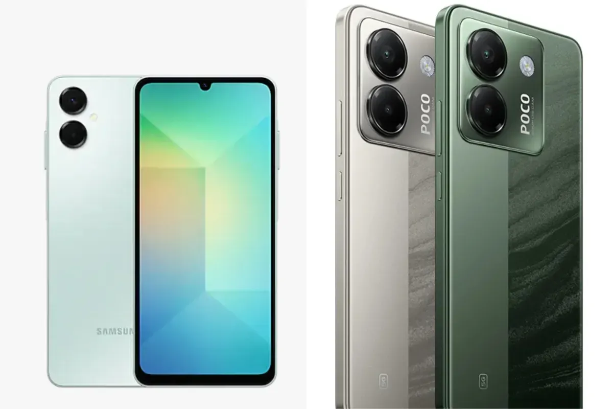Ilustrasi perbandingan smartphone 5G Samsung Galaxy A06 5G vs Poco M7 Pro 5G. (Sumber: Samsung dan Xiaomi)
