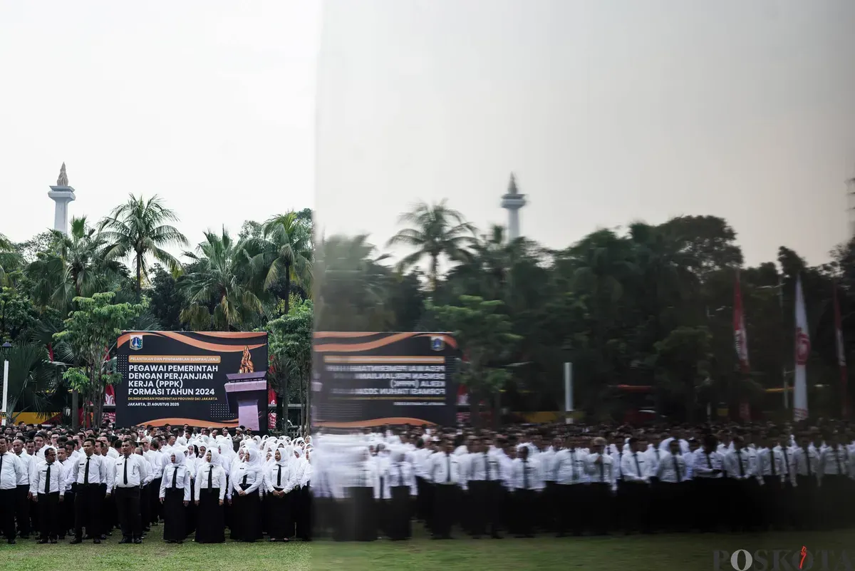 Sejumlah Pegawai Pemerintah dengan Perjanjian Kerja (PPPK) mengikuti Pelantikan dan Pengambilan Sumpah PPPK di Balai Kota DKI Jakarta, Kamis, 21 Agustus 2025. (Sumber: Poskota/Bilal Nugraha Ginanjar)