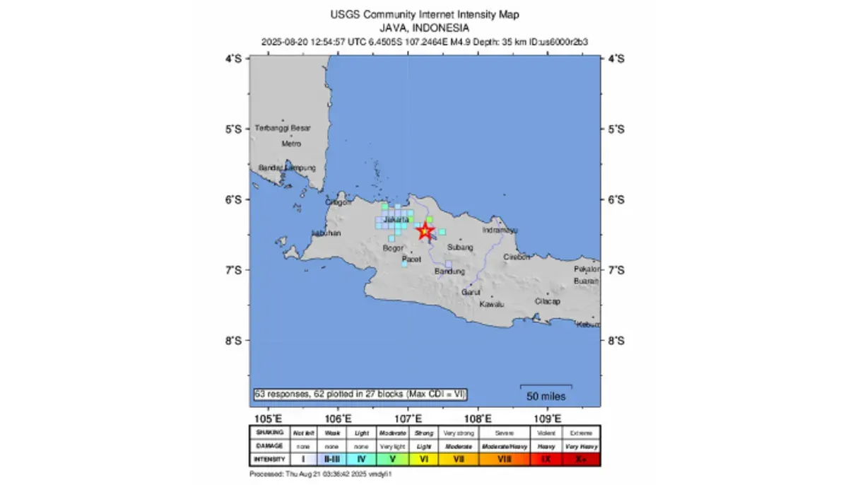 Penyebab, dampak, dan update terbaru gempa Bekasi M 4,9 menurut BMKG. Getaran dirasakan hingga Jakarta dan sekitarnya (Sumber: earthquake.usgs.gov)