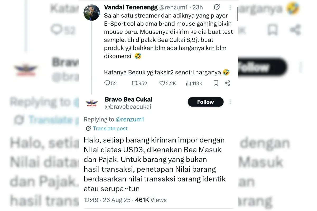 Bea Cukai kembali dikritik warganet imbas tagihan Rp8,9 juta untuk sampel mouse gaming (Sumber: X/@ARSIPAJA)