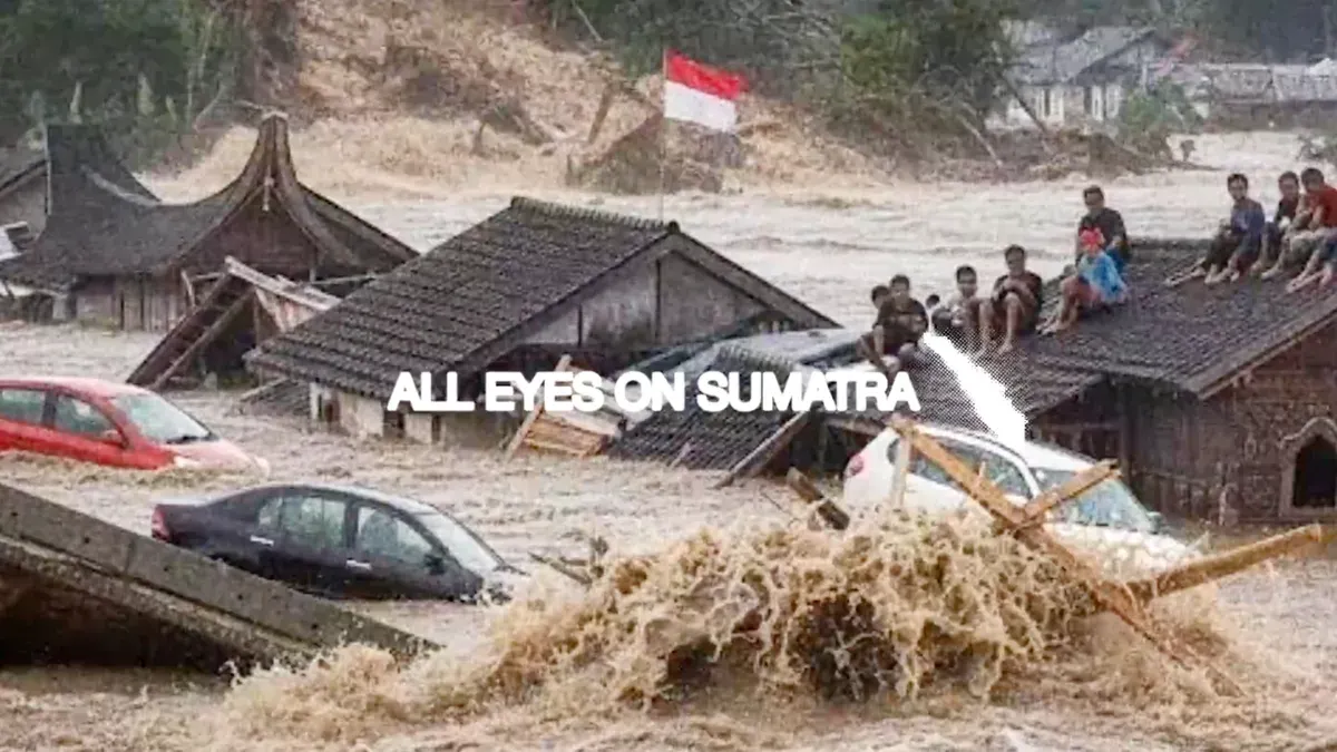 Ilustrasi banjir Sumatra yang jadi sorotan dunia. (Sumber: X/@MOQEELFORTRESS)