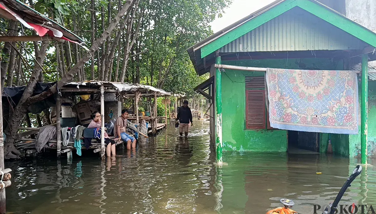 Kondisi Kampung Sembilangan, Desa Samudra Jaya, Kecamatan Tarumajaya, Kabupaten Bekasi, yang terendam banjir rob. (Sumber: POSKOTA | Foto: Nurpini Aulia Rapika)