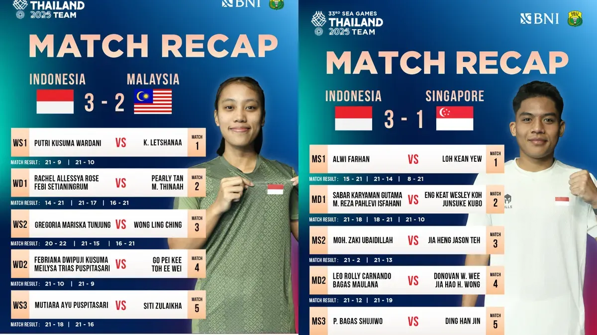 Hasil pertandingan SEA Games 2025 untuk cabor badminton. Tim Indonesia lolos ke final. (Sumber: X/@INABadminton)