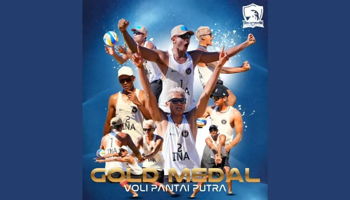 Kontingen Indonesia kokohkan posisi dengan 85 medali emas, melampaui target 80 emas di SEA Games 2025. Raihan datang dari cabang triatlon, dayung perahu naga, tenis, dan voli pantai. (Sumber: Instagram/@voligram)