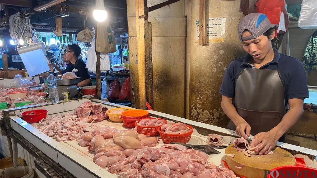 Pedagang daging ayam di Pasar Tomang Barat, Grogol Petamburan, Jakarta Barat, Sabtu, 20 Desember 2025. (Sumber: Poskota/Pandi Ramedhan)