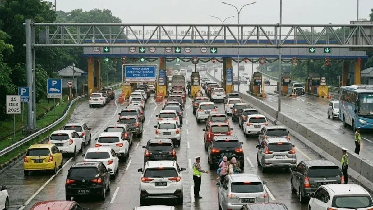 Ilustrasi arus lalu lintas di jalan tol saat libur Natal dan Tahun Baru, seiring pemberlakuan pembatasan total angkutan barang hingga awal Januari 2026. (Sumber: Gemini AI)