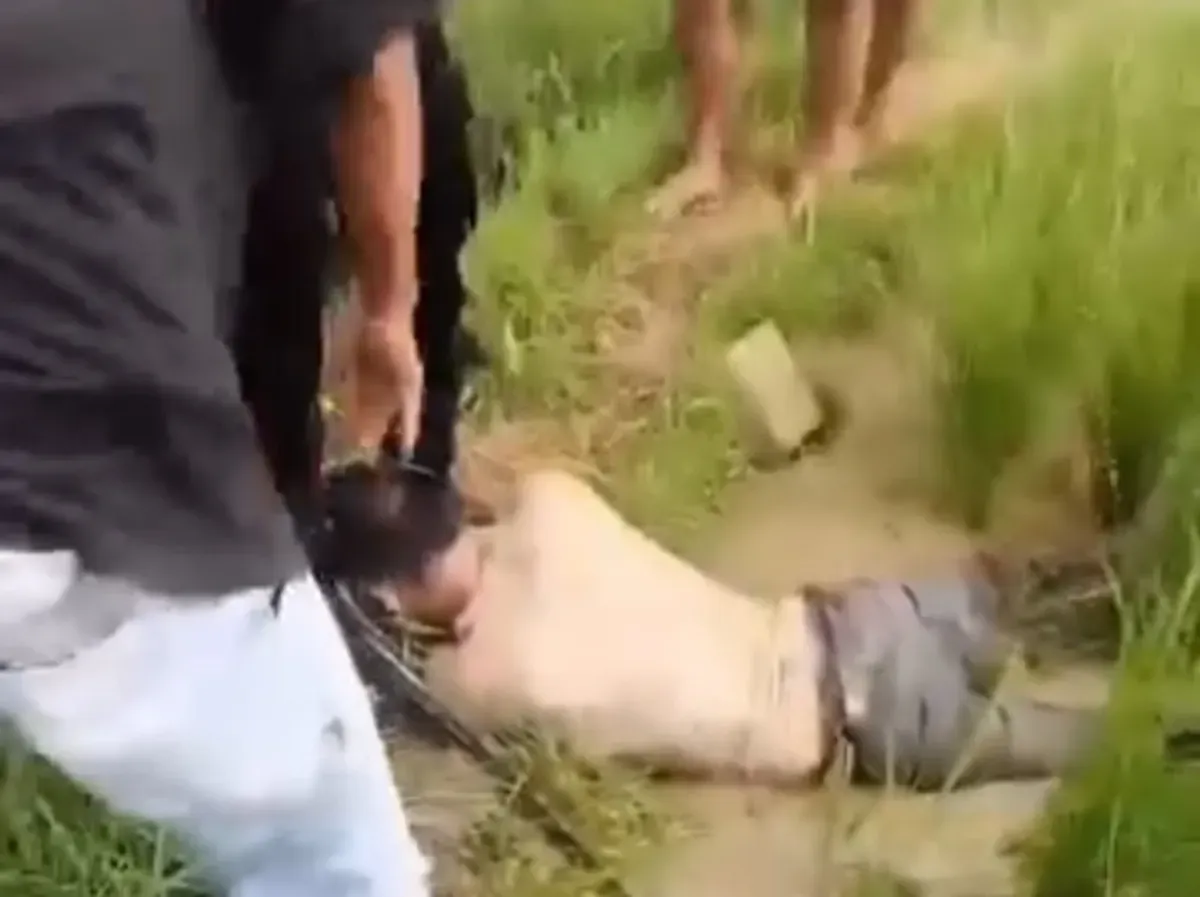 Tangakapan layar video warga memperlihatkan pelaku curanmor terkapar di sawah saat diamuk massa. (Sumber: Dok. Warga)