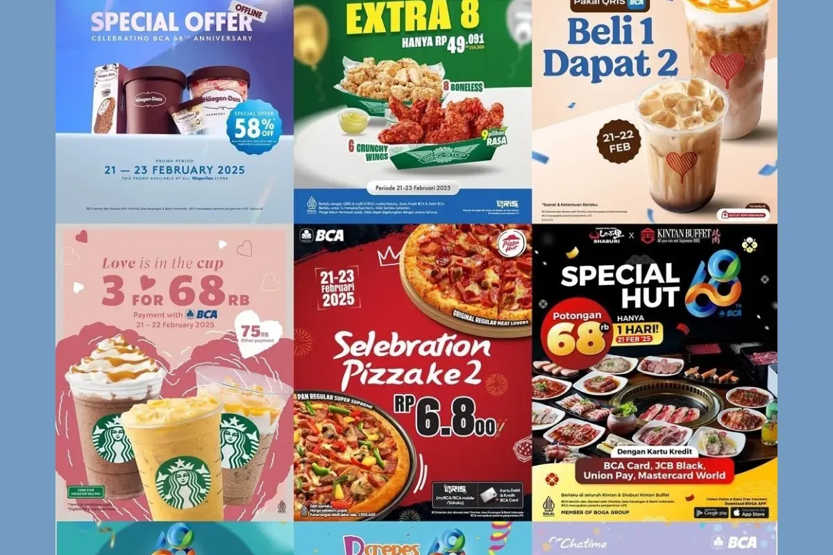 Promo makanan dan minuman spesial HUT BCA ke-68 mulai 21-22 Februari 2025 (Sumber: Instagram/@promo.nasional)