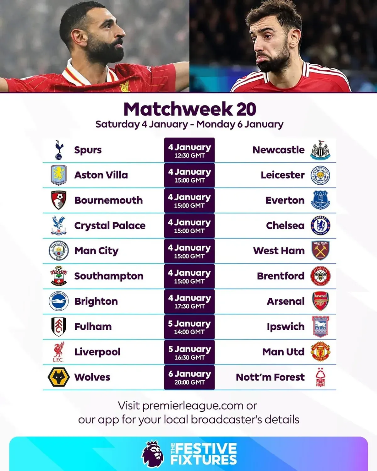 Jadwal lengkap pertandingan pekan ke-20 Liga Inggris 2024/2025 (Sumber: Instagram @premierleague)