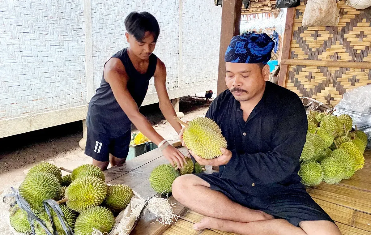 Warga Suku Baduy di Kecamatan Leuwidamar, Kabupaten Lebak, Banten, menjajakan buah durian di depan rumahnya masing-masing. (Sumber: Dok. Warga Ciboleger)