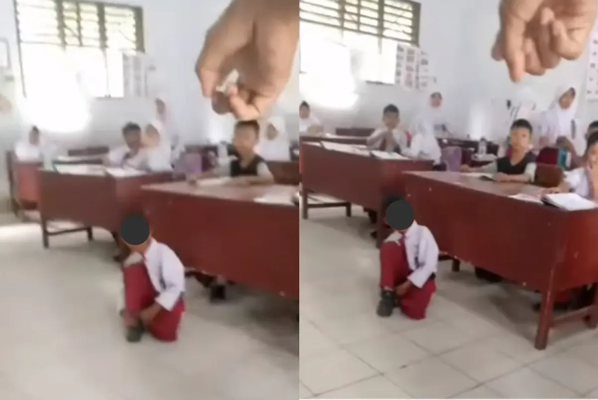 Siswa SD di Medan dihukum gurunya duduk di lantai kelas selama mengikuti pelajaran di sekolah. (Sumber: Tangkap Layar Instagram/@medsos_rame)
