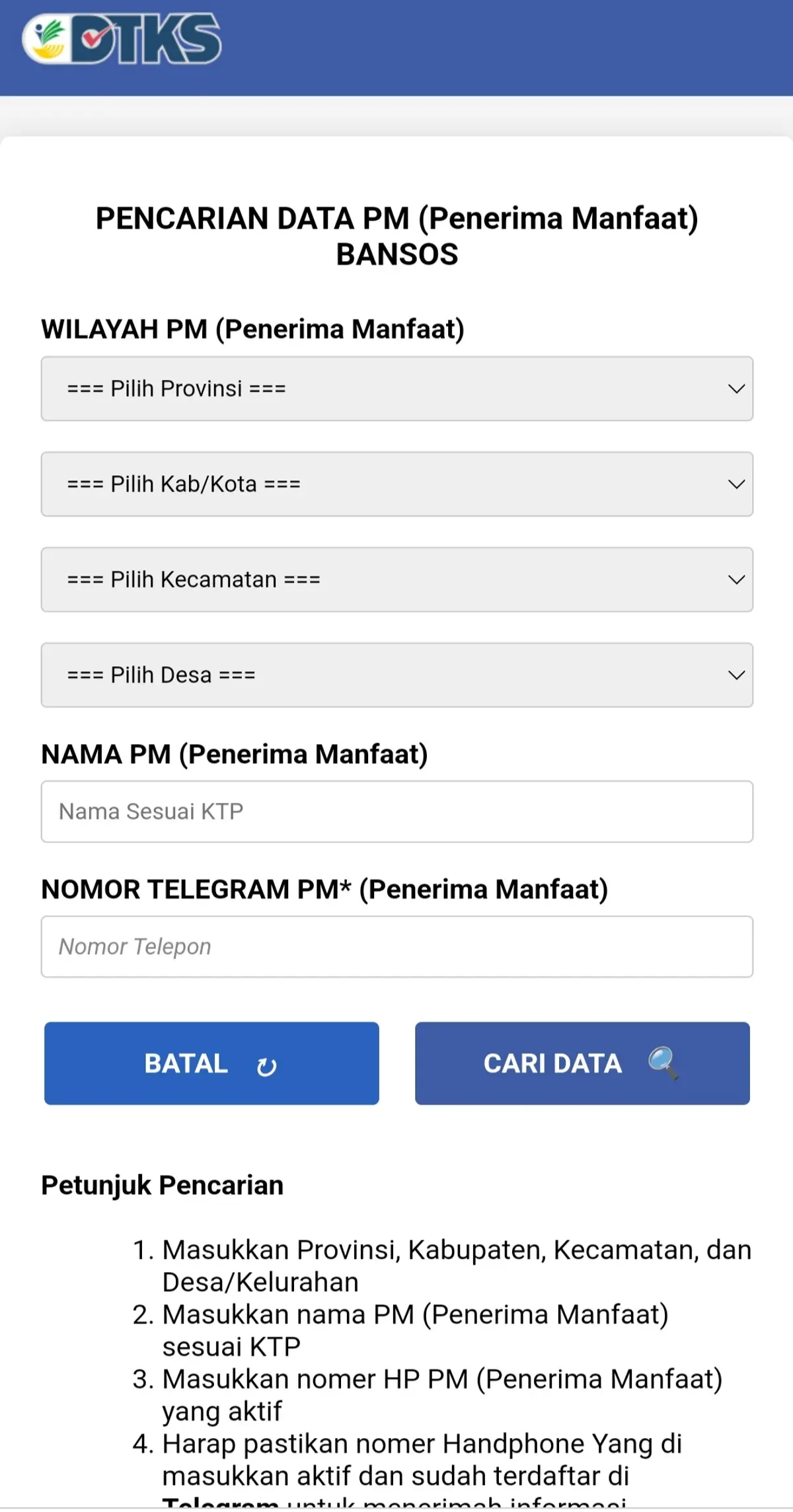 Tautan palsu yang menyerupai laman DTKS meminta Anda menuliskan akun Telegram. (Sumber: Instagram/bantuan_sosial_official)