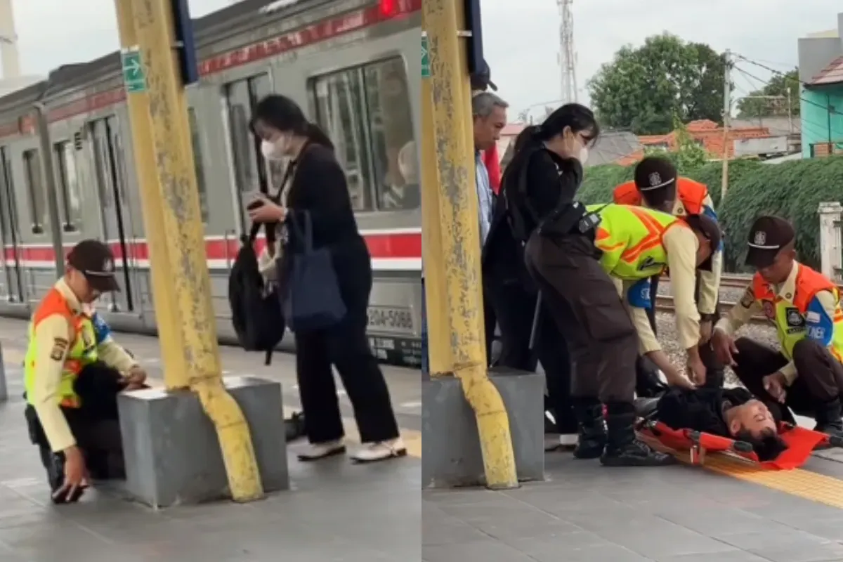 Viral aksi sigap petugas keamanan membantu penumpang KRL yang pingsan di Stasiun Kranji. (Sumber: Tangkap Layar Instagram/@mood.jakarta)