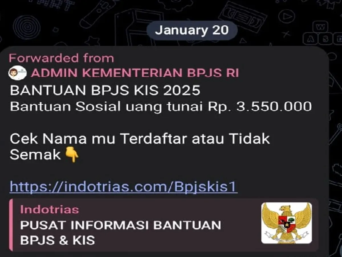 Kembali beredar di media sosial Telegram, penipuan berkedok link palsu penerima dana bansos KIS. (Sumber: Poskota/Adhitya Fajar Fikrillah)