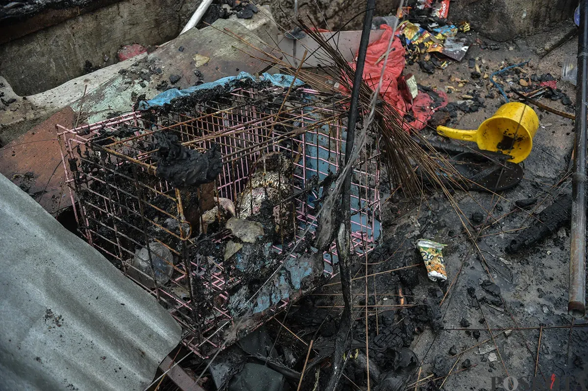 Sejumlah warga menyaksikan proses pendinginan terhadap puing-puing rumah yang terbakar yang dilakukan oleh petugas pemadam kebakaran usai terjadi musibah kebakaran di permukiman padat penduduk di Jalan Kemayoran Gempol, Kemayoran, Jakarta, Selasa, 21 Januari 2025. (Sumber: Poskota/ Bilal Nugraha Ginanjar)