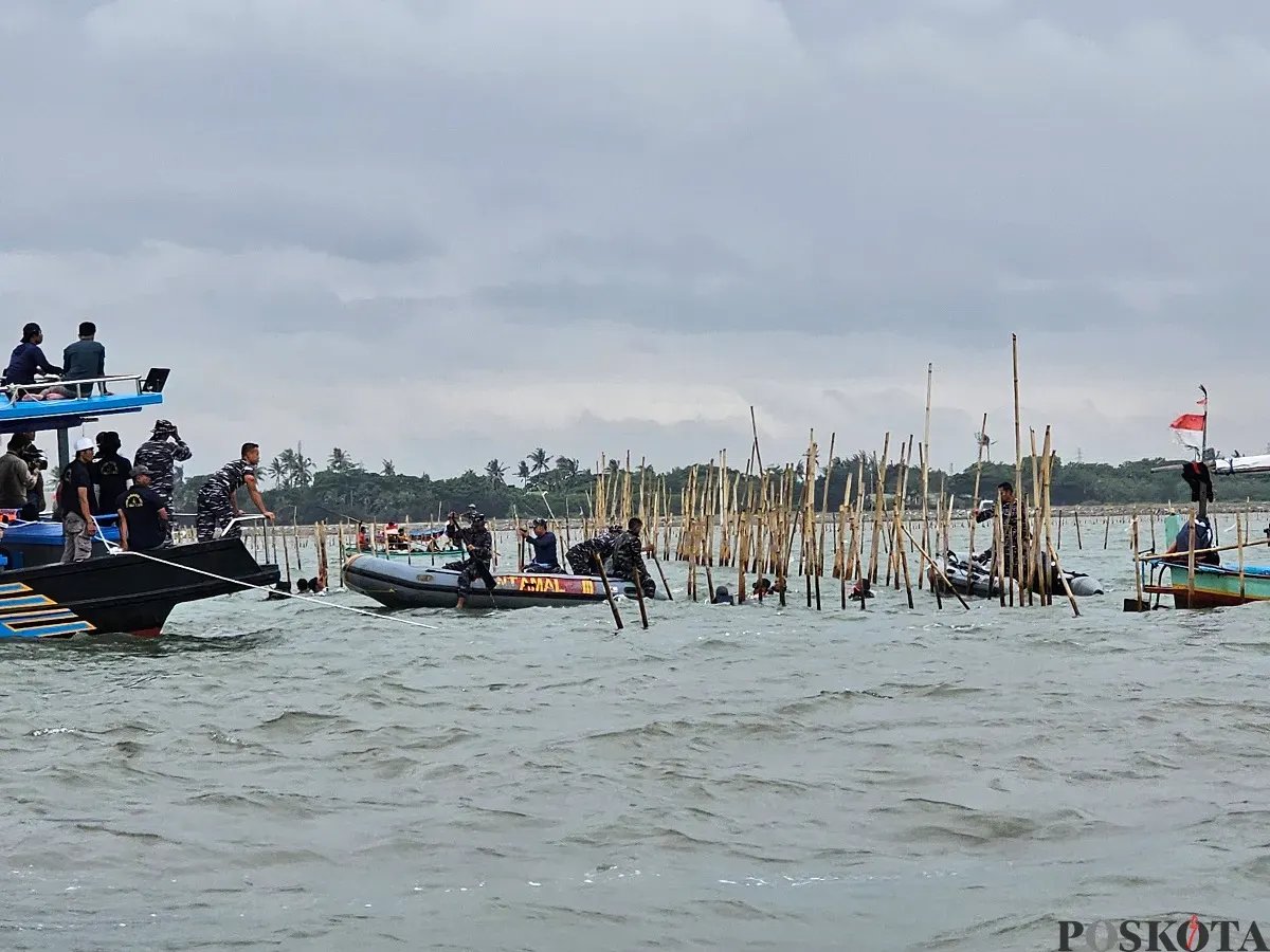 Nelayan dan TNI AL melakukan pembongkaran pagar laut misterius di Kabupaten Tangerang. (Sumber: Poskota/Veronica Prasetio)