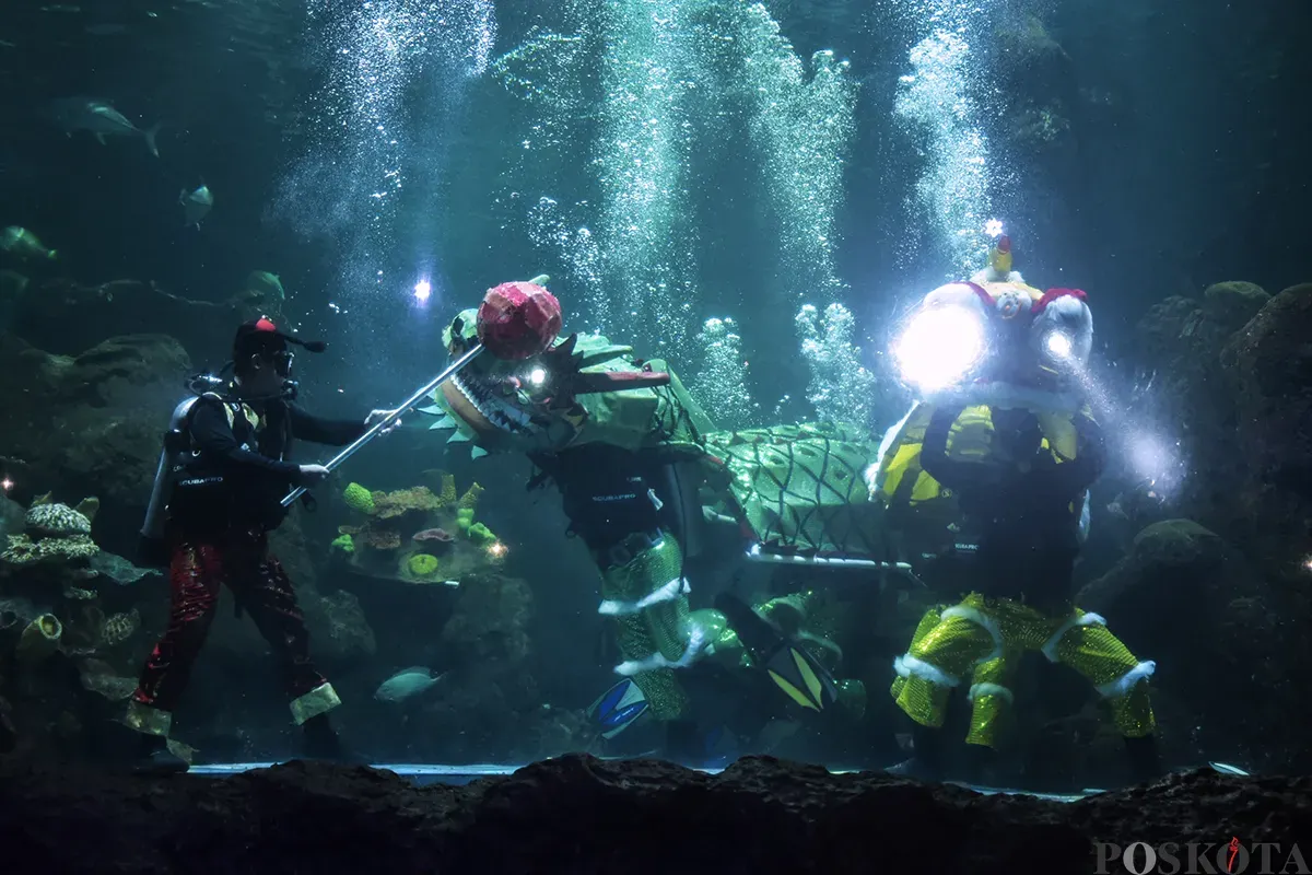 Penyelam berkostum barongsai dan putri duyung melakukan atraksi di dalam akuarium raksasa Sea World, Ancol, Jakarta Utara, Kamis, 23 Januari 2025. (Sumber: Poskoata/ Bilal Nugraha Ginanjar)