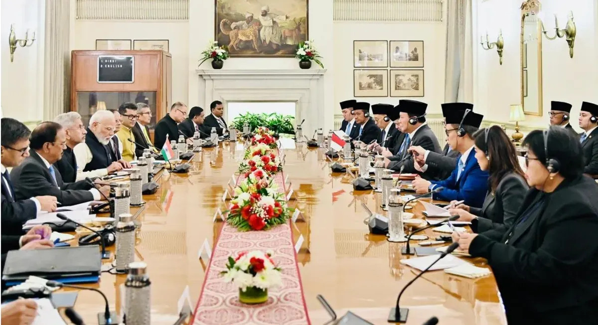 Presiden Republik Indonesia, Prabowo Subianto, melakukan pertemuan bilateral dengan Perdana Menteri India, Narendra Modi, di Hyderabad House, New Delhi, pada pada Sabtu, 25 Januari 2025. (Sumber: Foto: Dok BPMI Setpres/Laily Rachev)