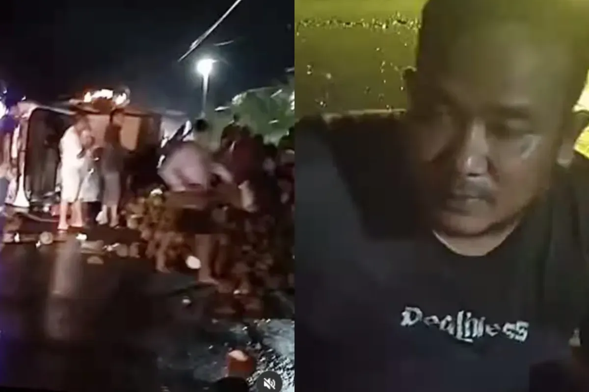 Durian yang dibawa oleh mobil pikap yang terguling di Lampung dijarah oleh warga setempat. (Sumber: Tangkap Layar Instagram/@funnelmedia)