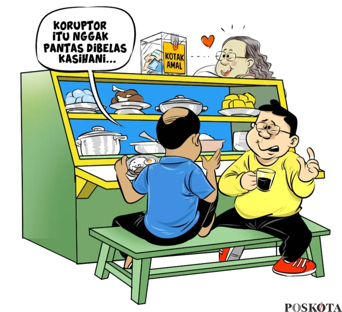 Dua pria sedang berbincang santai di warteg, salah satunya mengecam tindakan koruptor sambil memegang segelas kopi. Di belakang mereka, seorang ibu warteg tersenyum sambil menatap kotak amal yang terisi uang. (Sumber: Poskota/Arif Setiadi)