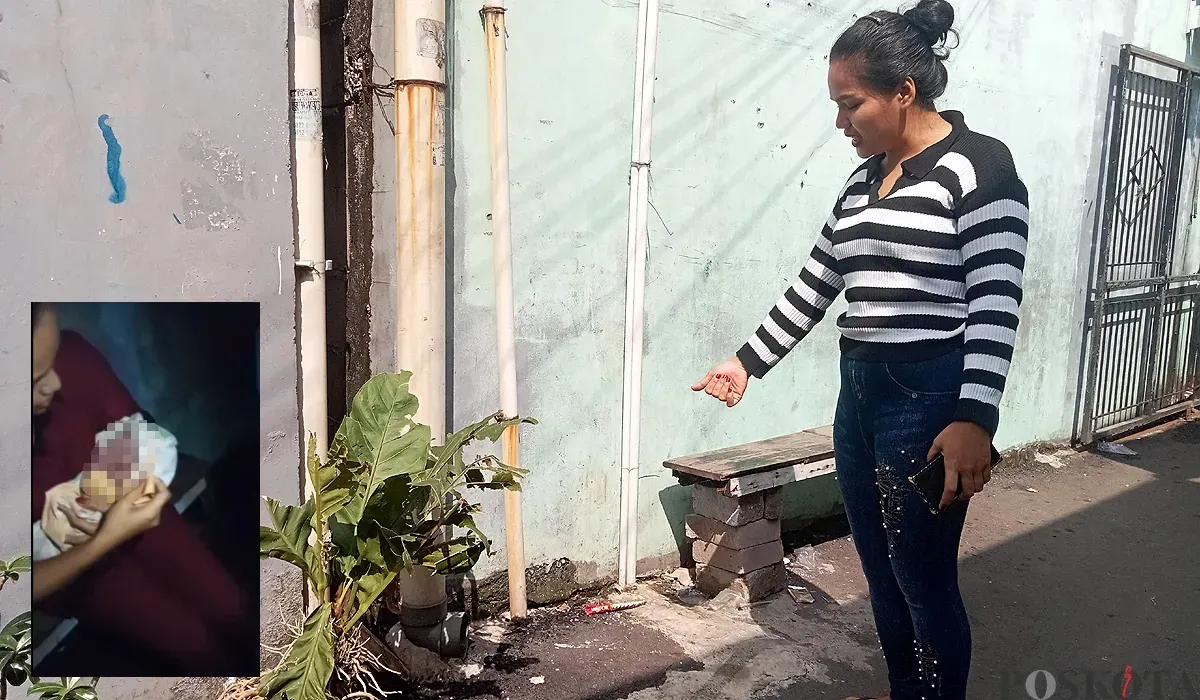 Siti Nurlaela, 30 tahun, menunjukkan lokasi penemuan bayi laki-laki di depan rumahnya di Gang Apel, Kelurahan Duren Jaya, Kota Bekasi, Minggu 6 Juli 2025. (Sumber: POSKOTA | Foto: Nurpini Aulia Rapika)