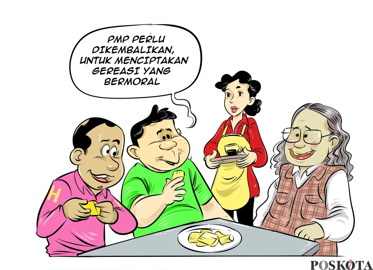 Empat orang berbincang santai di warung makan sambil menikmati kudapan. Salah satu dari mereka menyuarakan pentingnya mengembalikan pelajaran PMP untuk membentuk generasi yang bermoral. (Sumber: Poskota/Arif Setiadi)