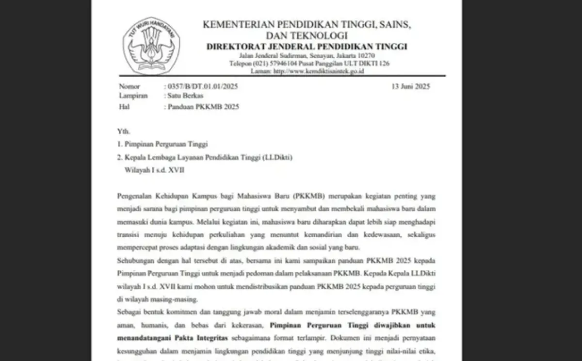 Wajib Diunduh! Panduan Lengkap PKKMB 2025 KemdiktiSaintek dan Pakta Integritas Resmi Tersedia (Sumber: Dok/kemendiktisaintek.co.id)