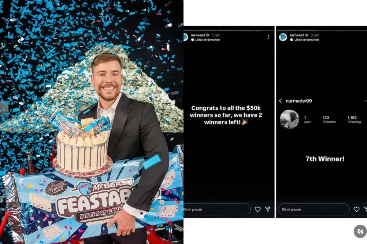Seorang wanita Indonesia menjadi pemenang giveaway Mr Beast senilai Rp800 juta. Akun Instagram aslinya, @nurmadw99, sempat diposting oleh Mr Beast namun kemudian di ban dan hilang. (Sumber: X/whoopziiy)