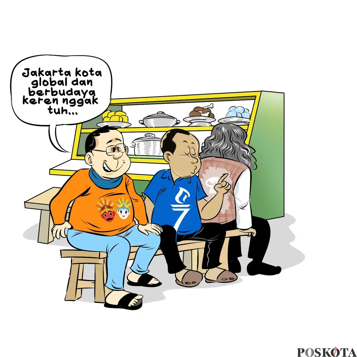 Tiga pria duduk santai di warteg sambil berbincang soal Jakarta yang disebut sebagai kota global dan berbudaya. Salah satu dari mereka tampak antusias menunjukkan kebanggaan. (Sumber: Poskota/Arif Setiadi)