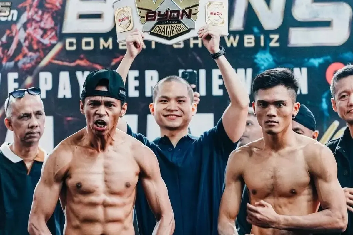 Kkajhe dan Aziz Calim saat face off jelang duel keduanya di Byon Combat 5. (Sumber: Instagram/@byoncombat)