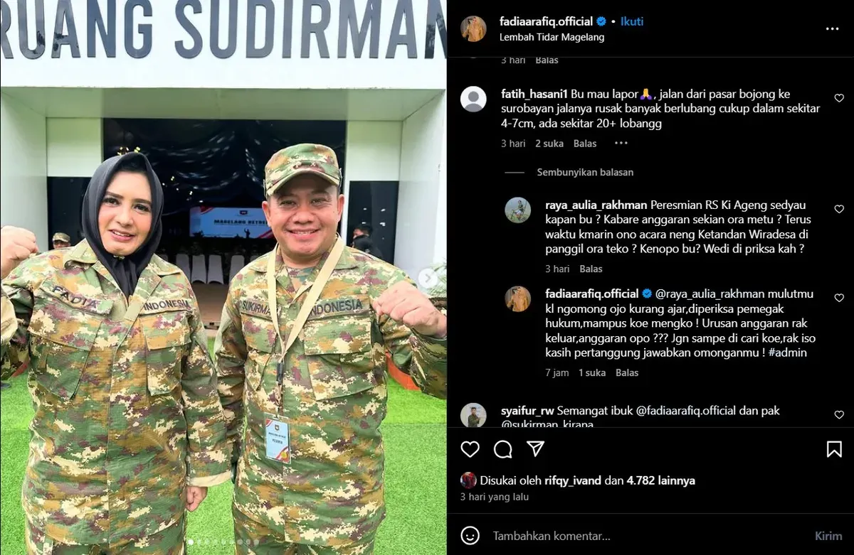 Bupati Pekalongan Fadia Arafiq ketahuan berkata kasar pada netizen di Instagram pribadinya. (Sumber: Instagram/@fadiaarafiq.official)