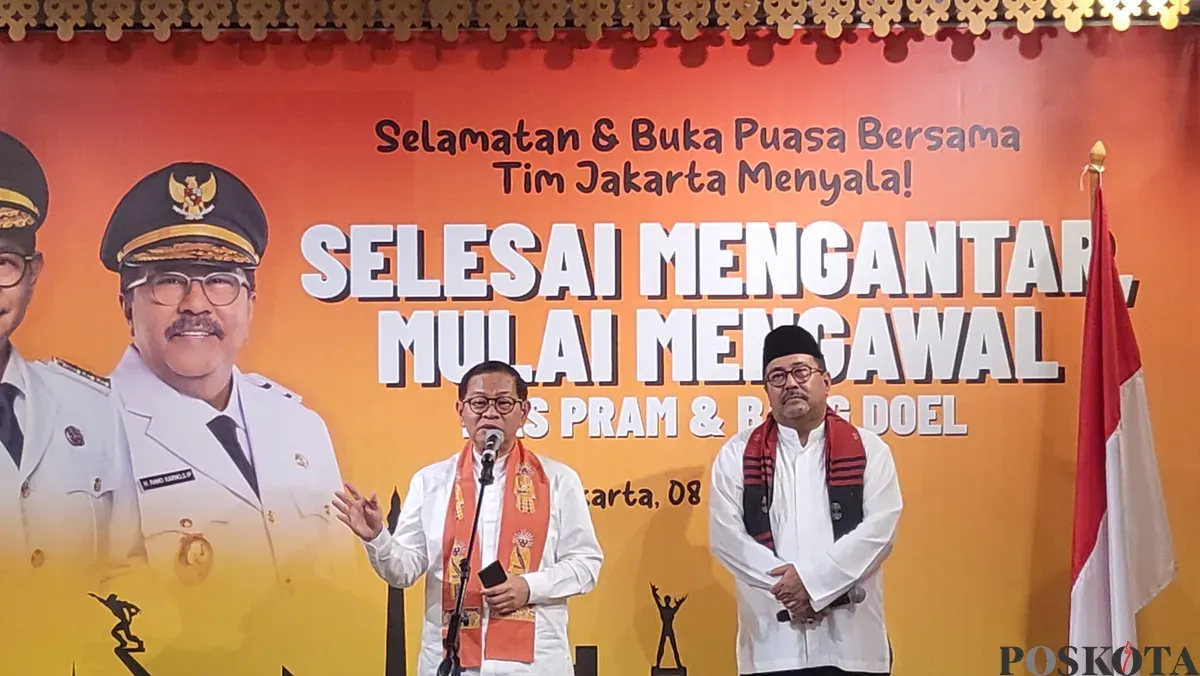 Gubenur Jakarta, Pramono Anung dan Wakil Gubernur Jakarta, Rano Karno saat membubarkan tim transisi di kawasan Jakarta Pusat, Sabtu, 8 Maret 2025. (Sumber: Poskota/Pandi Ramedhan)